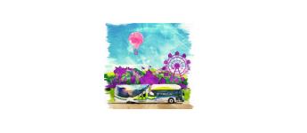a Foothill Transit bus and a Ferris wheel in the style of a colorful painting