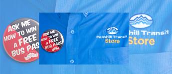 a pin on a Foothill Transit Store shirt that says ASK ME HOW TO WIN A FREE BUS PASS!