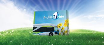 a field with a large an allergy medication box showing a Foothill Transit bus, daffodils, and the words "In just 1 ride"