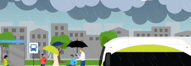 คนเดินถนนและรถประจำทางในวันที่ฝนตก