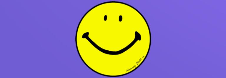 the iconic smiley face on a purple background