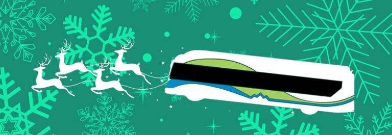 Foothill Transit bus pulled by reindeer on a dark green background with light green snowflakes