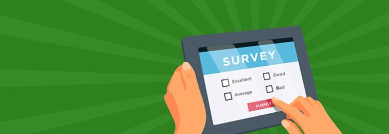 a graphic which shows one hand holding a tablet while the other hand touches the screen where a survey is displayed