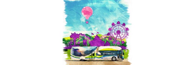 a Foothill Transit bus and a Ferris wheel in the style of a colorful painting