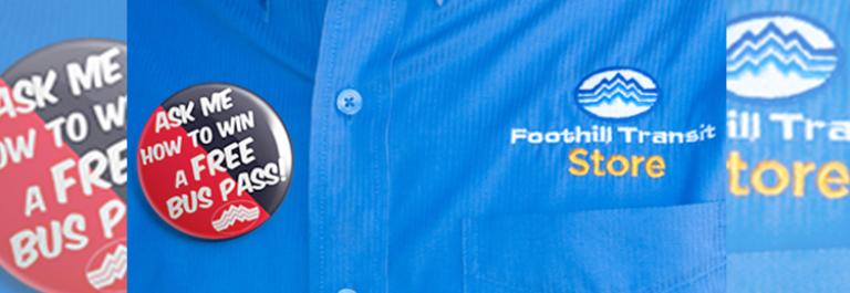 a pin on a Foothill Transit Store shirt that says ASK ME HOW TO WIN A FREE BUS PASS!