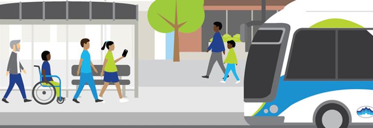 Customers at a bus stop walk towards a Foothill Transit bus.