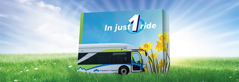 a field with a large an allergy medication box showing a Foothill Transit bus, daffodils, and the words "In just 1 ride"