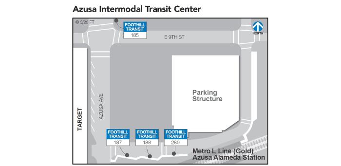 从西向东搭乘 187、188 和 280 号线。185 号线在 Azusa Ave 上车。