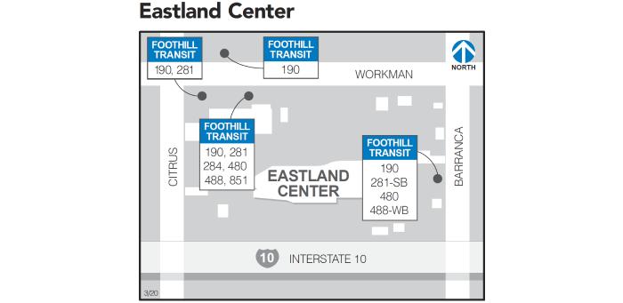 Las paradas de las líneas 190, 281, 284, 480 y 488 están en Workman Ave. Las paradas de las líneas 190, 281 en dirección sur, 480 y 488 en dirección oeste están en Barranca.