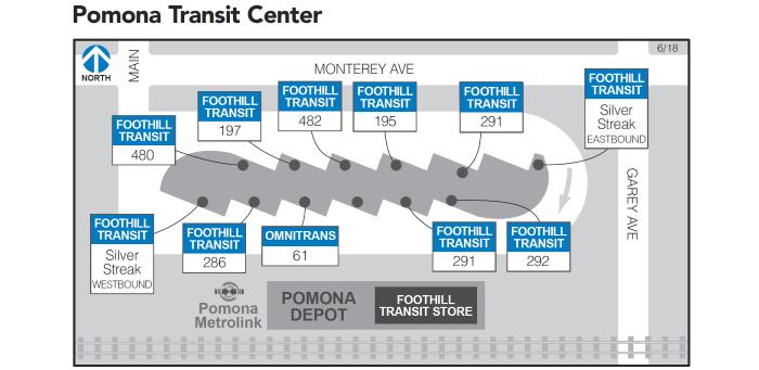 Nakasakay ang mga linya ng Foothill Transit sa magkabilang panig ng transit center.