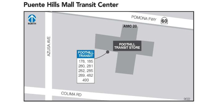 The Puente Hills stop is on the southwest corner of the mall.