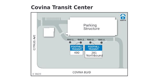 Ang mga look ng bus mula kanluran hanggang silangan ay 1, 2, 3, at 4. Gamitin ang Bay 2 para sa Line 490 at Bay 3 para sa Line 281 northbound.