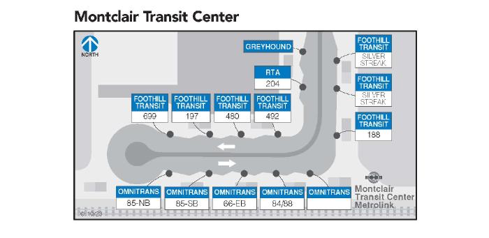 On the northern side from west to east: Line 699, Line 197, Line 480, Line 492, RTA 204, Greyhound. On the southern side from west to east: Omnitrans 85-NB, Omnitrans 85-SB, Omnitrans 66-EB, Omnitrans 84/88, Omnitrans, Line 188, Silver Streak, Silver Streak