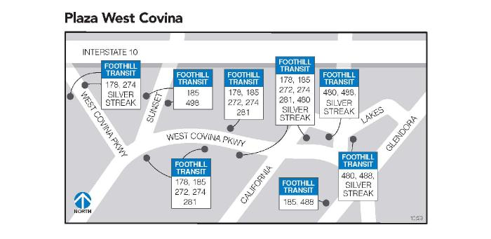 West Covina Pkwy-ն միջպետական ​​10-ի և Կալիֆոռնիայի միջև, մայրամուտը միջպետական ​​10-ից հարավ, Կալիֆոռնիան՝ West Covina Pkwy-ից հյուսիս, Vincent at Plaza and Lakes, և Glendora-ն՝ West Covina Pkwy-ից հարավ, ունեն ավտոբուսի կանգառներ, որոնք սպասարկվում են հետևյալ գծերից մի քանիսի կամ բոլորի կողմից՝ 178, 185, 272, 274, 281, 480, 488, 498 և արծաթե շարանը: