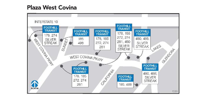 West Covina Pkwy i le va o Interstate 10 ma Kalefonia, Sunset i saute o Interstate 10, Kalefonia i matu o West Covina Pkwy, Vincent i Plaza ma Lakes, ma Glendora i saute o West Covina Pkwy o loʻo i ai tu pasi e tautuaina e nisi poʻo laina uma: 178, 185, 272, 274, 281, 480, 488, 498, ma le Silver Streak.