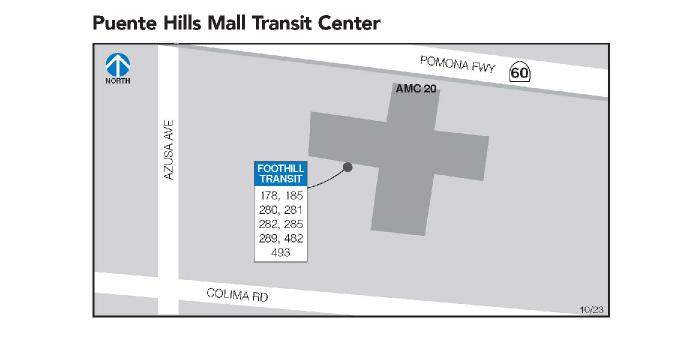 Các tuyến 178, 185, 280, 281, 282, 285, 289, 482 và 493 ở bãi đậu xe phía tây nam của trung tâm thương mại.