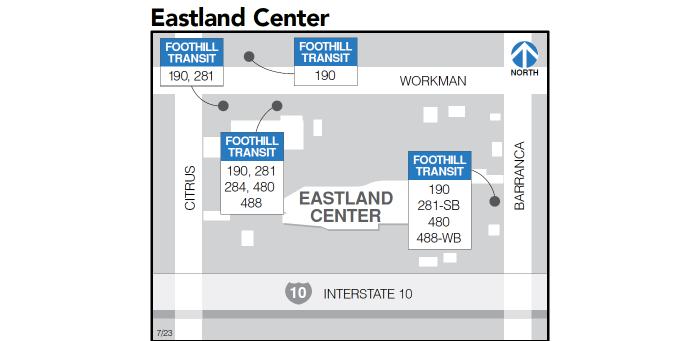 Stops for Lines 190, 281, 284, 480, and 488 are on Workman Ave. Stops for Lines 190, 281 southbound, 480, and 488 westbound are on Barranca.