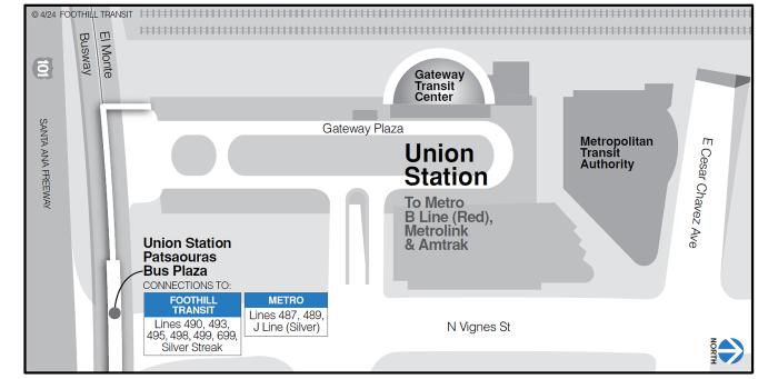 Lines 490, 493, 495, 498, 499, 699, and the Silver Streak board at the Patsaouras Bus Plaza on the El Monte Busway.