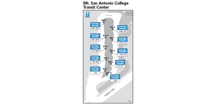 The center is north of Temple Ave. On the western side, from north to south: Bay 5, 486 WB. Bay 4, 480 WB. Bay 3, 194 WB. Bay 2, 190, WB. Bay 1, 295. On the eastern side, from north to south: Bay 6, 486 EB. Bay 7, 480 EB. Bay 8, 194 EB. Bay 9, 190 EB. Bay 10, 289.