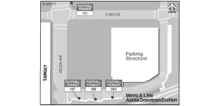 Boarding for Lines 187, 188, and 280 is just north of the Metro station. Boarding for Line 185 is on Azusa Ave north of 9th St.