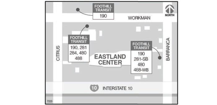 Line 190 boards on the northern side of Workman east of Citrus. Lines 190, 281, 284, 480, and 488 board on the southern side of Workman east of Citrus. Lines 190, 281 southbound, 480, and 488 westbound board on the western side of Barranca south of Workman.