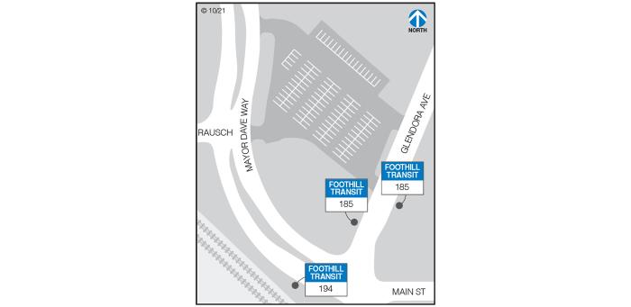Line 194 boards on the southern side of Mayor Dave Way west of Glendora Ave. Line 185 boards on both sides of Glendora Ave north of Mayor Dave Way and Main St.