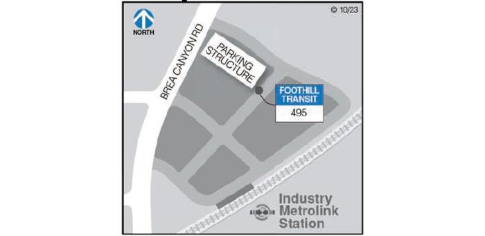 Line 495 boards at the southeast corner of the Foothill Transit parking structure.
