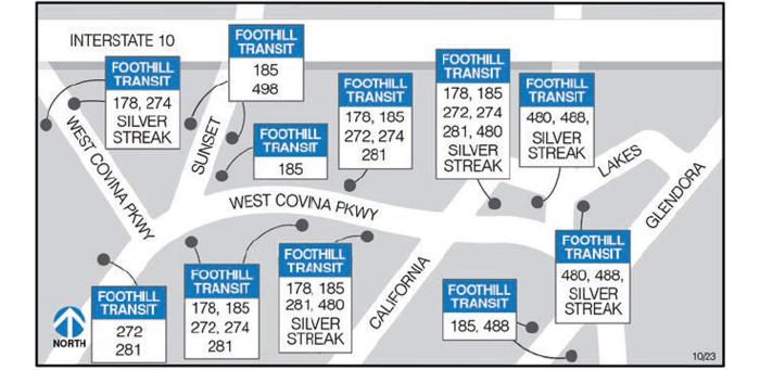 Stops for Lines 178, 185, 272, 274, 281, 480, 488, 498, and the Silver Streak are found on West Covina Pkwy, Sunset, Vincent, and Glendora surrounding Plaza West Covina.