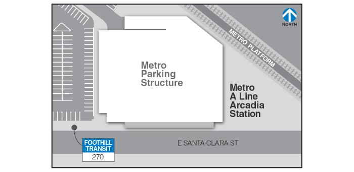 Line 270 boards on the northern side of E Santa Clara St to the west of the Metro Parking Structure.