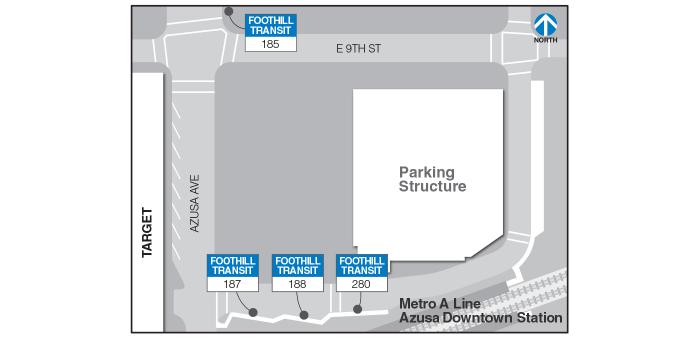 Boarding for Lines 187, 188, and 280 is just north of the Metro station. Boarding for Line 185 is on Azusa Ave north of 9th St.