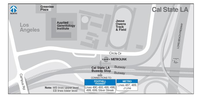 Foothill Transit Lines 490, 493, 495, 498, 499, 699, and the Silver Streak as well as Metro Lines 487, 489, and the J Line board at the Cal State LA Busway Stop. Westbound lines board on the upper level, and EB lines board on the lower level.