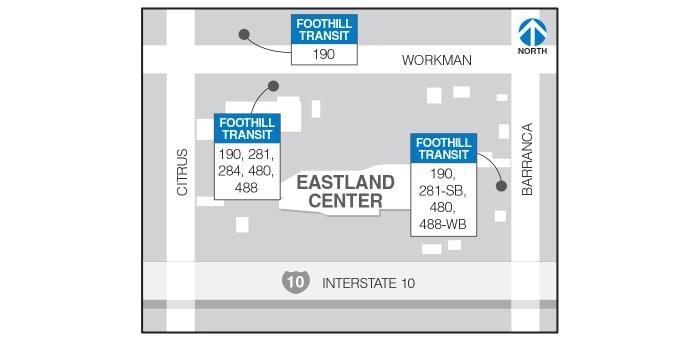 Line 190 boards on the northern side of Workman east of Citrus. Lines 190, 281, 284, 480, and 488 board on the southern side of Workman east of Citrus. Lines 190, 281 southbound, 480, and 488 westbound board on the western side of Barranca south of Workman.