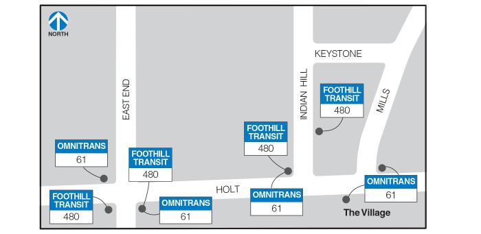 On the northern side of Holt west of East End: Omnitrans 61. On the southern side of Holt west of East End: Line 480; west of East End: Line 480 and Omnitrans 61. On the northern side of Holt west of Indian Hill: Line 480 and Omnitrans 61. On the eastern side of Indian Hill north of Holt: Line 480. On the southern side of Holt west of Mills: Omnitrans 61. On the northern side of Holt east of Mills: Omnitrans 61.