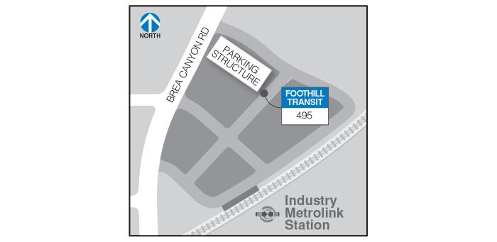 Line 495 boards at the southeast corner of the Foothill Transit parking structure.