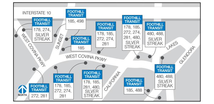 Stops for Lines 178, 185, 272, 274, 281, 480, 488, 498, and the Silver Streak are found on West Covina Pkwy, Sunset, Vincent, and Glendora surrounding Plaza West Covina.