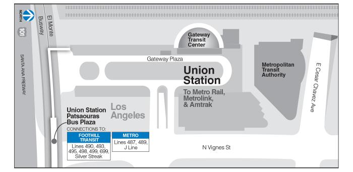 Lines 490, 493, 495, 498, 499, 699, the Silver Streak, and Metro Lines 487, 489, and the J Line board at the Patsaouras Bus Plaza.